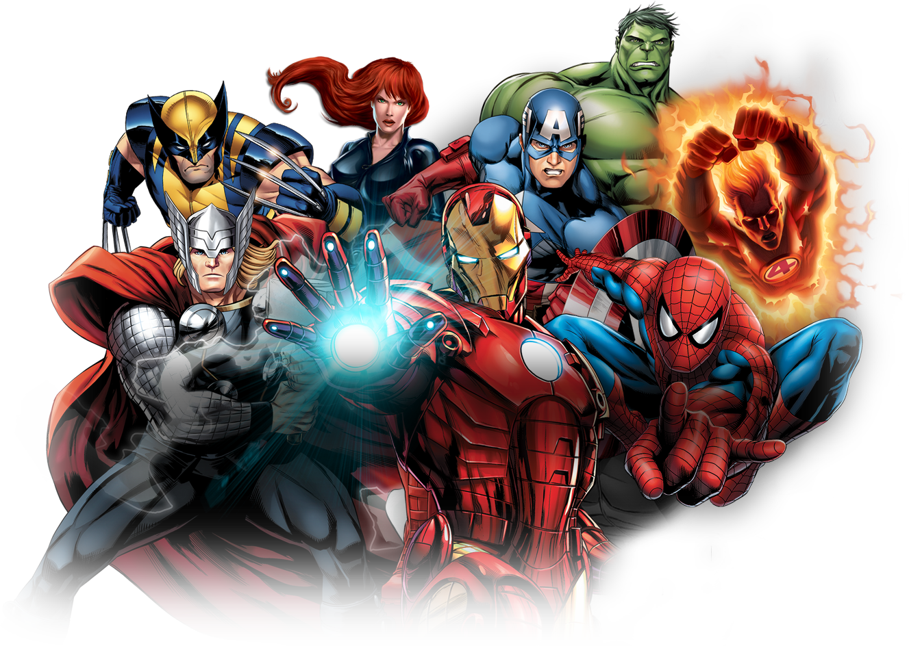 Thor, Wolverine, Black Widow, Iron Man, Captain America, The Hulk, Spider Man, and the Human Torch in fighting stances.